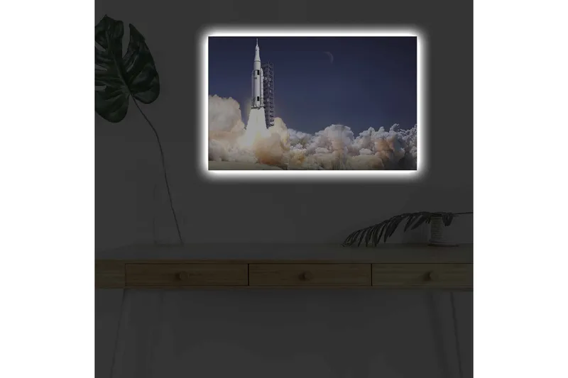 Canvastavla med LED-belysning - Raket som lyfter mot rymden omgiven av moln av rök - Mörkblå / Vit / Grå - Inredning - Tavlor & konst - Canvastavlor