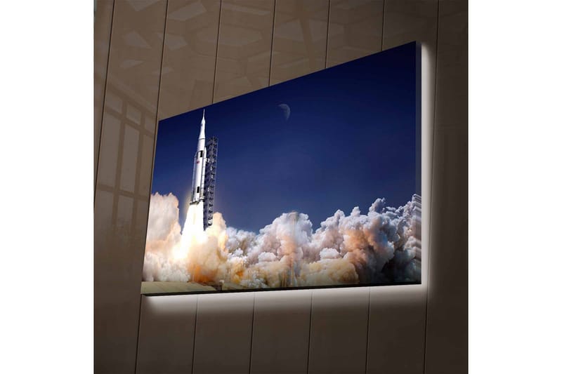 Canvastavla med LED-belysning - Raket som lyfter mot rymden omgiven av moln av rök - Mörkblå / Vit / Grå - Inredning - Tavlor & konst - Canvastavlor