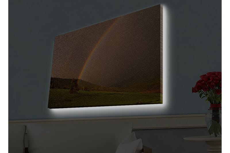 Canvastavla med LED-belysning - Regnbåge som sträcker sig över en grön dalgång - Grön / Brun / Gul - Inredning - Tavlor & konst - Canvastavlor