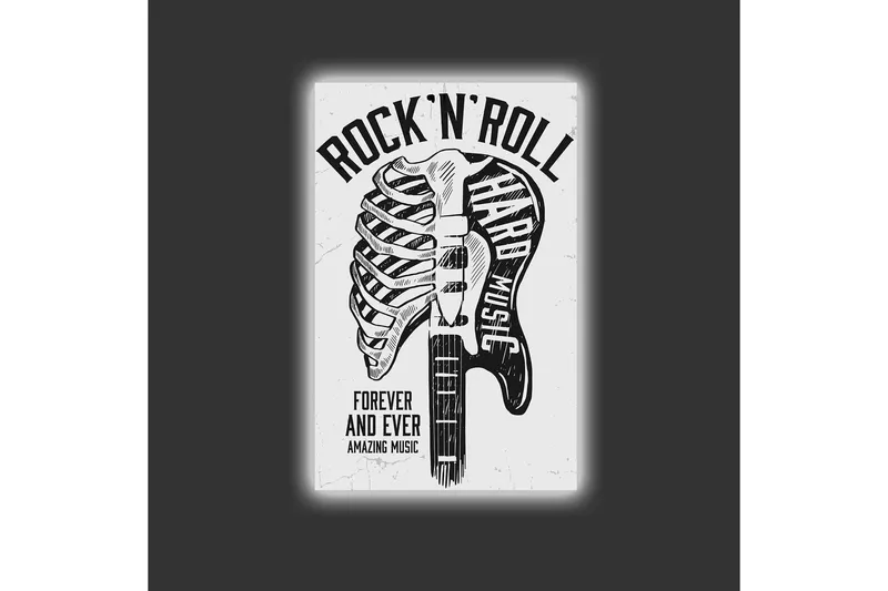 Canvastavla med LED-belysning - Rock'n'roll-gitarr med skelettmotiv - Svart / Vit - Inredning - Tavlor & konst - Canvastavlor