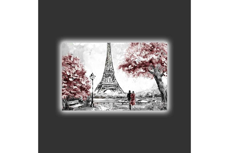 Canvastavla med LED-belysning - Romantisk scen med Eiffeltornet och blommiga träd - Röd / Svart / Grå - Inredning - Tavlor & konst - Canvastavlor