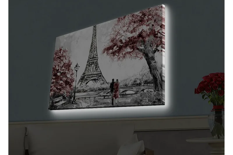 Canvastavla med LED-belysning - Romantisk scen med Eiffeltornet och blommiga träd, Röd / Svart / Grå