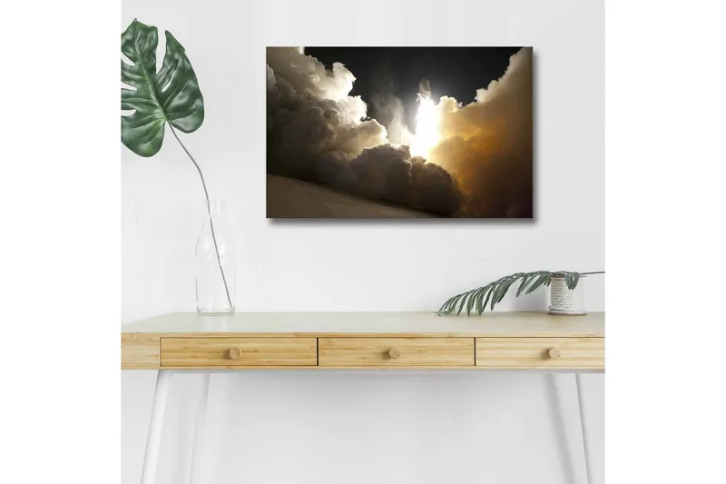 Canvastavla med LED-belysning - Rymdfärja som lyfter genom moln av rök och ånga - Mörkgrå / Orange / Vit - Inredning - Tavlor & konst - Canvastavlor