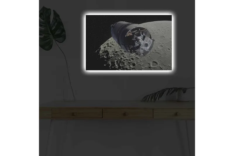 Canvastavla med LED-belysning - Rymdfarkost i omloppsbana runt månen - Grå / Svart / Silver - Inredning - Tavlor & konst - Canvastavlor