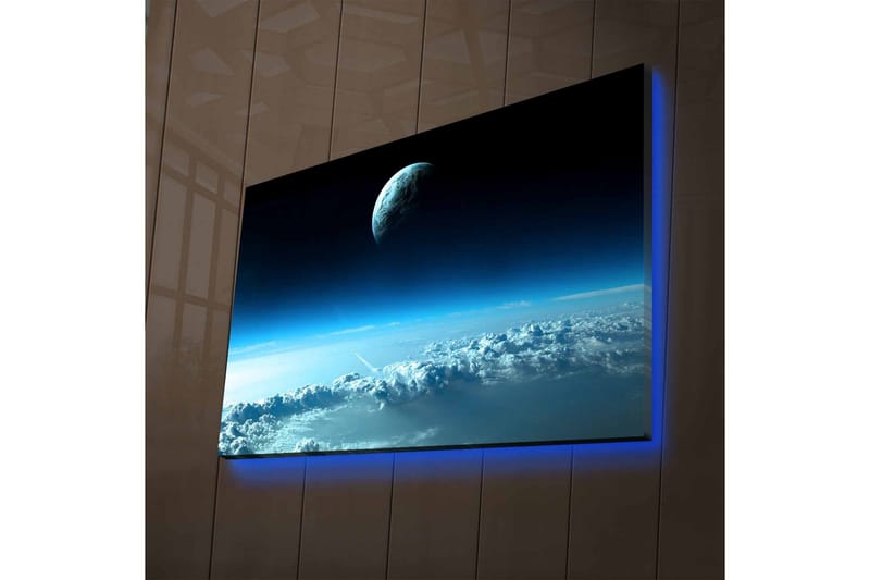 Canvastavla med LED-belysning - Rymdlandskap med en planet som svävar över moln - Mörkblå / Ljusblå / Vit - Inredning - Tavlor & konst - Canvastavlor