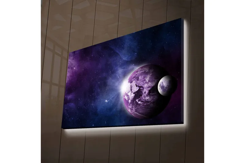 Canvastavla med LED-belysning - Rymdlandskap med planeter och stjärnor - Lila / Blå / Vit - Inredning - Tavlor & konst - Canvastavlor