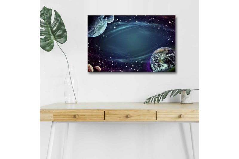 Canvastavla med LED-belysning - Rymdlandskap med planeter och stjärnor - Mörkblå / Grön / Lila - Inredning - Tavlor & konst - Canvastavlor