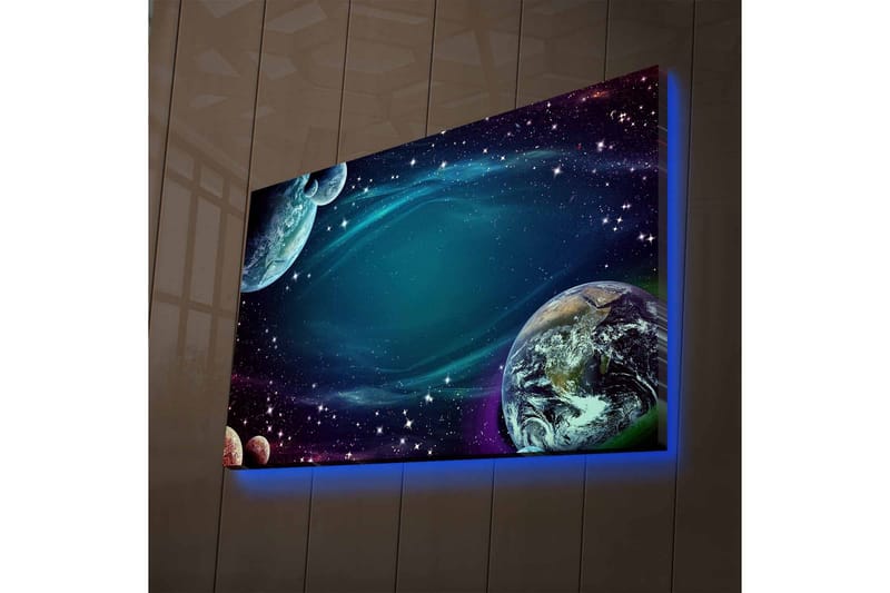 Canvastavla med LED-belysning - Rymdlandskap med planeter och stjärnor, Mörkblå / Grön / Lila