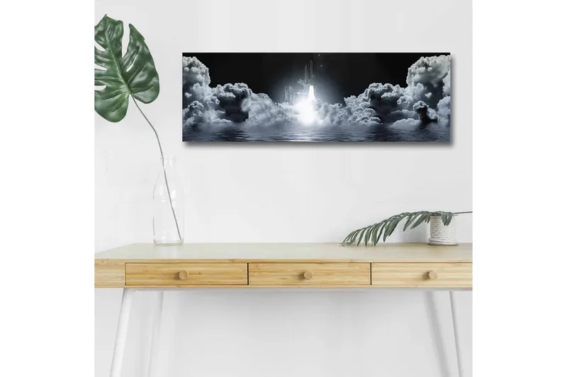 Canvastavla med LED-belysning - Rymdraket som lyfter genom molnig himmel - Mörkgrå / Vit / Ljusblå - Inredning - Tavlor & konst - Canvastavlor