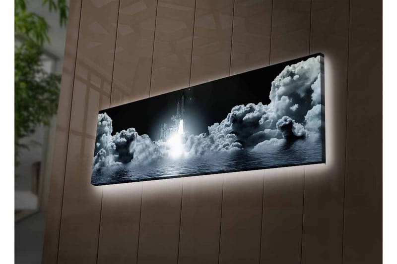 Canvastavla med LED-belysning - Rymdraket som lyfter genom molnig himmel - Mörkgrå / Vit / Ljusblå - Inredning - Tavlor & konst - Canvastavlor