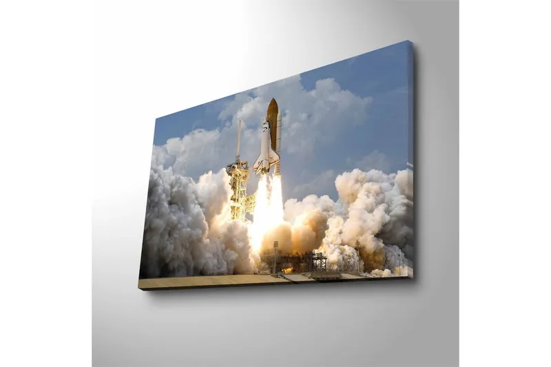 Canvastavla med LED-belysning - Rymdraket som lyfter mot himlen med kraftfulla eldsflammor - Grå / Vit / Orange - Inredning - Tavlor & konst - Canvastavlor