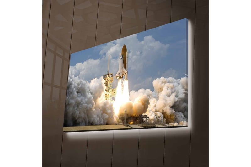 Canvastavla med LED-belysning - Rymdraket som lyfter mot himlen med kraftfulla eldsflammor - Grå / Vit / Orange - Inredning - Tavlor & konst - Canvastavlor