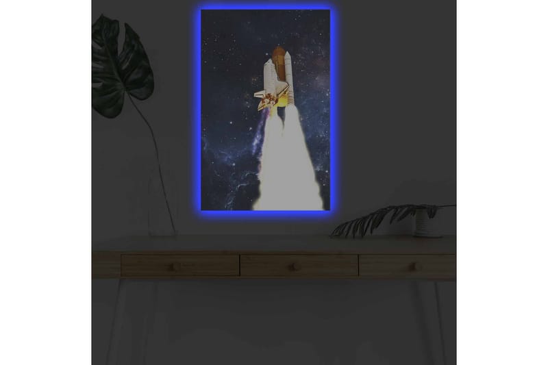 Canvastavla med LED-belysning - Rymdraket som lyfter mot stjärnorna - Mörkblå / Vit / Orange - Inredning - Tavlor & konst - Canvastavlor