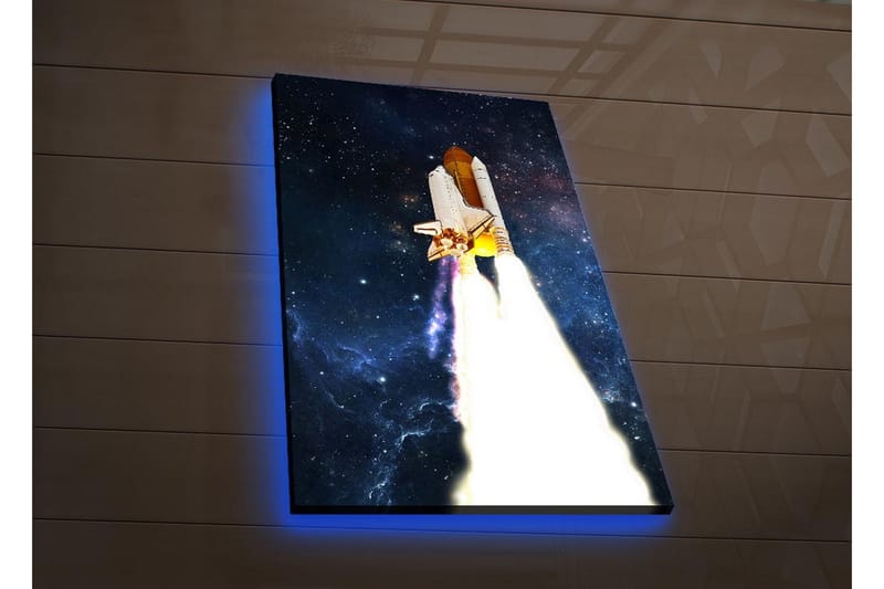 Canvastavla med LED-belysning - Rymdraket som lyfter mot stjärnorna - Mörkblå / Vit / Orange - Inredning - Tavlor & konst - Canvastavlor