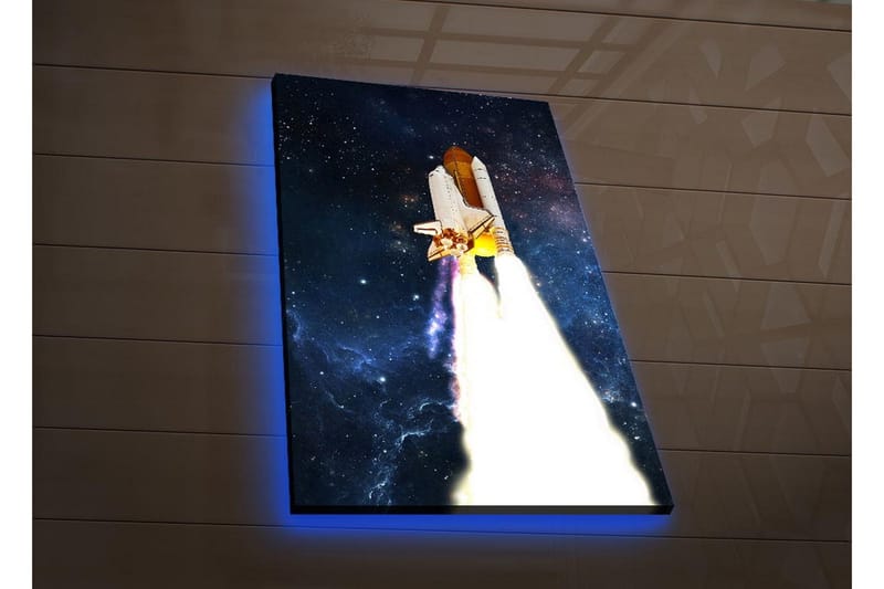 Canvastavla med LED-belysning - Rymdraket som lyfter mot stjärnorna - Mörkblå / Vit / Orange - Inredning - Tavlor & konst - Canvastavlor