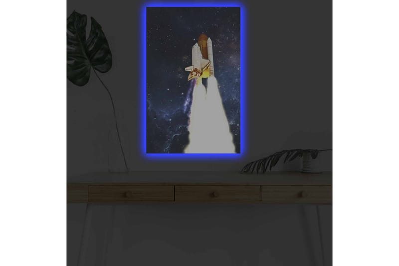 Canvastavla med LED-belysning - Rymdraket som lyfter mot stjärnorna - Mörkblå / Vit / Orange - Inredning - Tavlor & konst - Canvastavlor