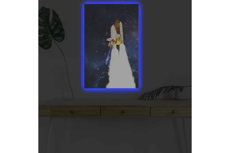 Canvastavla med LED-belysning - Rymdraket som lyfter mot stjärnorna - Mörkblå / Vit / Orange - Inredning - Tavlor & konst - Canvastavlor