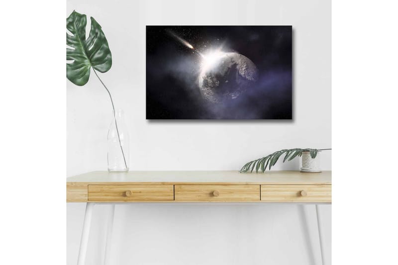 Canvastavla med LED-belysning - Rymdscen med en planet och en komet som passerar - Mörkblå / Grå / Vit - Inredning - Tavlor & konst - Canvastavlor