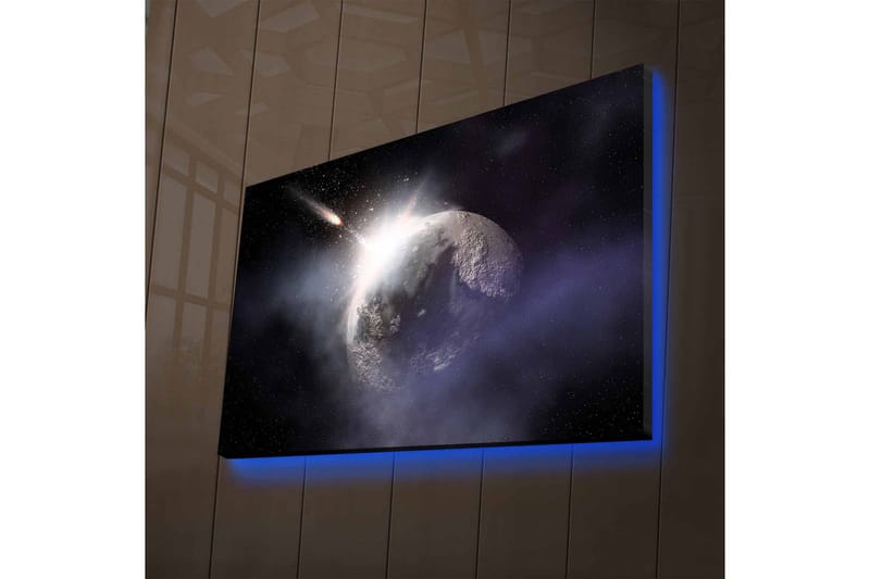 Canvastavla med LED-belysning - Rymdscen med en planet och en komet som passerar - Mörkblå / Grå / Vit - Inredning - Tavlor & konst - Canvastavlor
