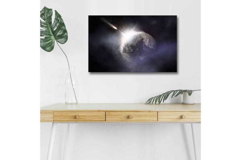 Canvastavla med LED-belysning - Rymdscen med en planet och en komet som passerar - Mörkblå / Grå / Vit - Inredning - Tavlor & konst - Canvastavlor