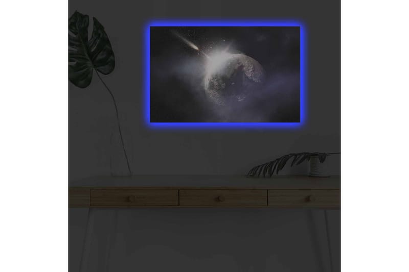 Canvastavla med LED-belysning - Rymdscen med en planet och en komet som passerar - Mörkblå / Grå / Vit - Inredning - Tavlor & konst - Canvastavlor