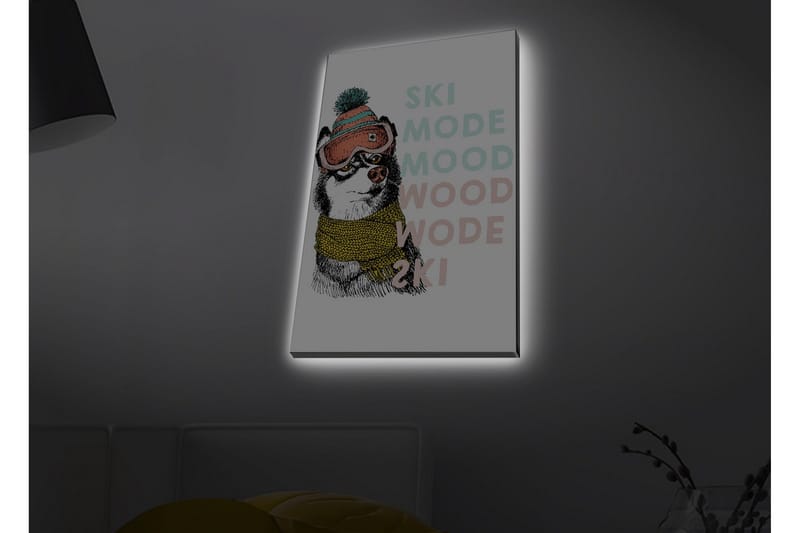 Canvastavla med LED-belysning - Söt hund med skidglasögon och halsduk - Svart / Gul / Rosa - Inredning - Tavlor & konst - Canvastavlor