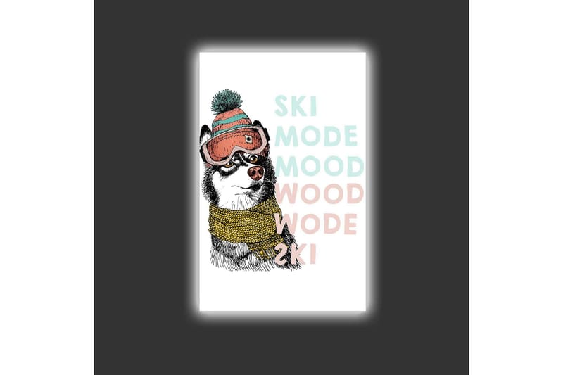 Canvastavla med LED-belysning - Söt hund med skidglasögon och halsduk - Svart / Gul / Rosa - Inredning - Tavlor & konst - Canvastavlor