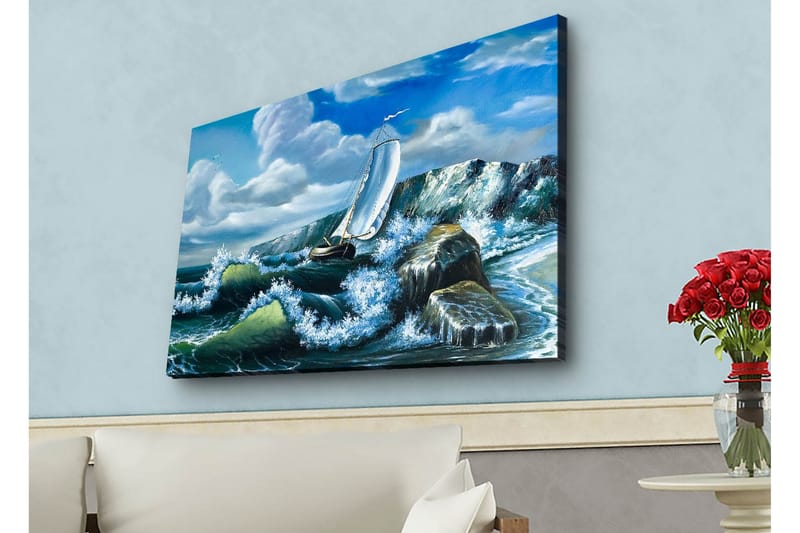 Canvastavla med LED-belysning - Segelbåt som kämpar mot kraftiga vågor, Blå / Grön / Vit