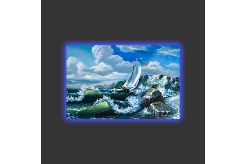 Canvastavla med LED-belysning - Segelbåt som kämpar mot kraftiga vågor - Blå / Grön / Vit - Inredning - Tavlor & konst - Canvastavlor
