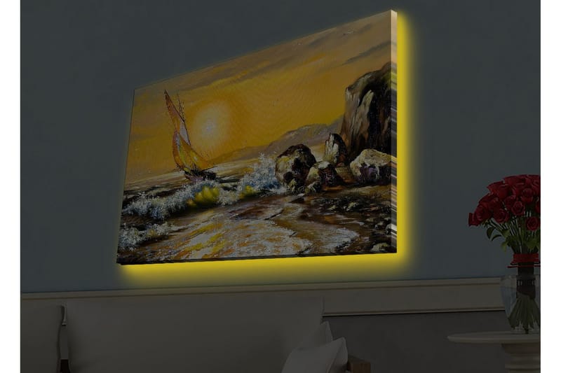 Canvastavla med LED-belysning - Segelbåt på en gyllene havshorisont - Guld / Blå / Grön - Inredning - Tavlor & konst - Canvastavlor