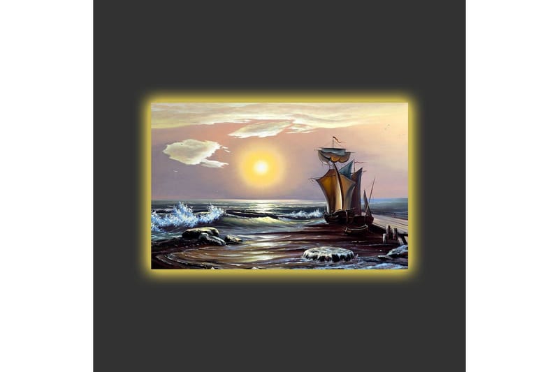 Canvastavla med LED-belysning - Segelbåt på en solig havsstrand med vågor och klippor - Blå / Orange / Brun - Inredning - Tavlor & konst - Canvastavlor