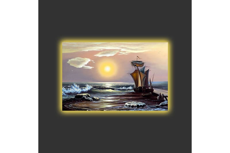 Canvastavla med LED-belysning - Segelbåt på en solig havsstrand med vågor och klippor - Blå / Orange / Brun - Inredning - Tavlor & konst - Canvastavlor