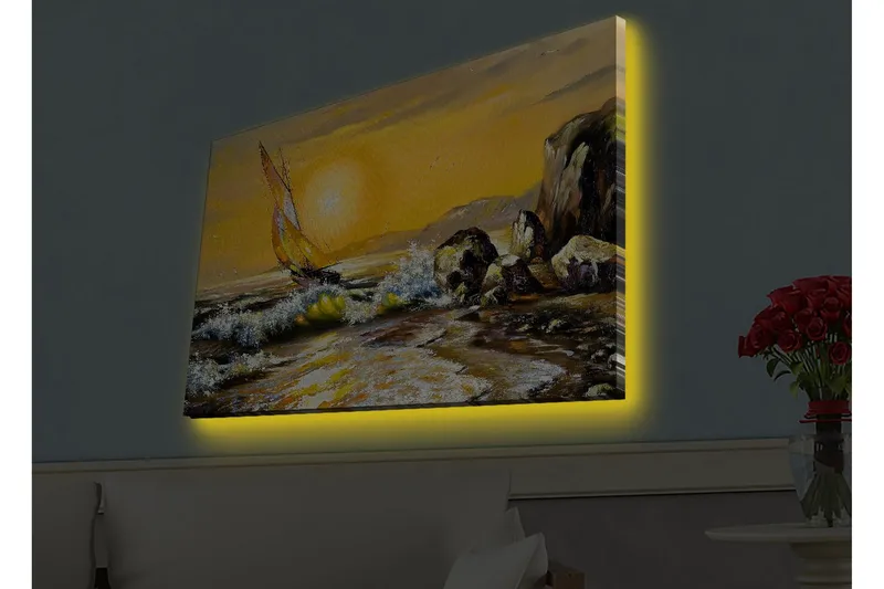 Canvastavla med LED-belysning - Segelbåt på en gyllene havshorisont - Guld / Blå / Grön - Inredning - Tavlor & konst - Canvastavlor
