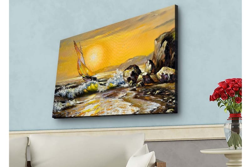 Canvastavla med LED-belysning - Segelbåt på en gyllene havshorisont, Guld / Blå / Grön
