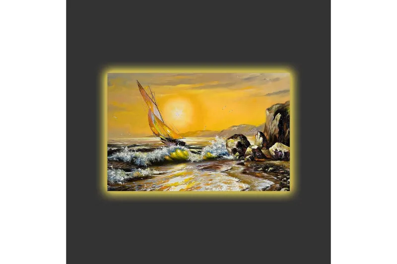 Canvastavla med LED-belysning - Segelbåt på en gyllene havshorisont - Guld / Blå / Grön - Inredning - Tavlor & konst - Canvastavlor