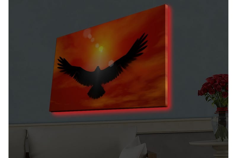 Canvastavla med LED-belysning - Silhuett av en örn som flyger mot en solnedgång i starka färger - Röd / Svart / Orange - Inredning - Tavlor & konst - Canvastavlor