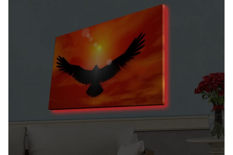 Canvastavla med LED-belysning - Silhuett av en örn som flyger mot en solnedgång i starka färger - Röd / Svart / Orange - Inredning - Tavlor & konst - Canvastavlor