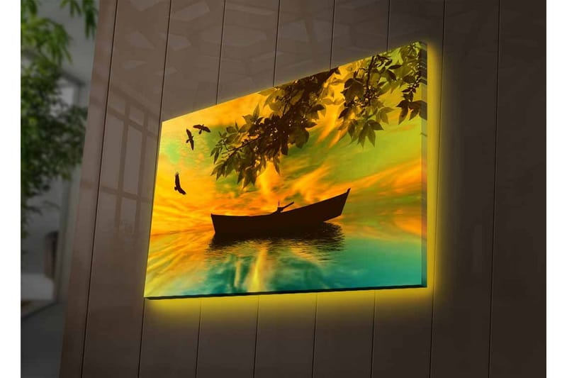Canvastavla med LED-belysning - Silhuett av en båt på spegelblanka vatten med en färgsprakande solnedgång - Gult / Grönt / Svart - Inredning - Tavlor & konst - Canvastavlor