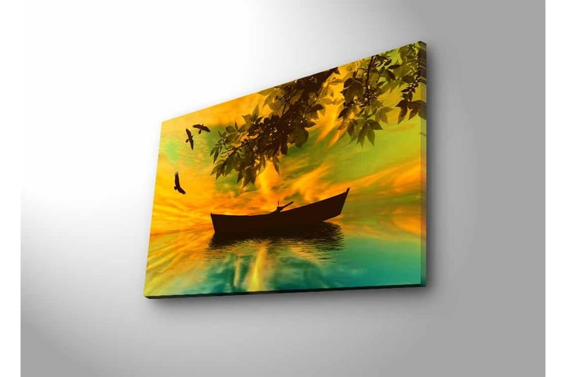 Canvastavla med LED-belysning - Silhuett av en båt på spegelblanka vatten med en färgsprakande solnedgång - Gult / Grönt / Svart - Inredning - Tavlor & konst - Canvastavlor