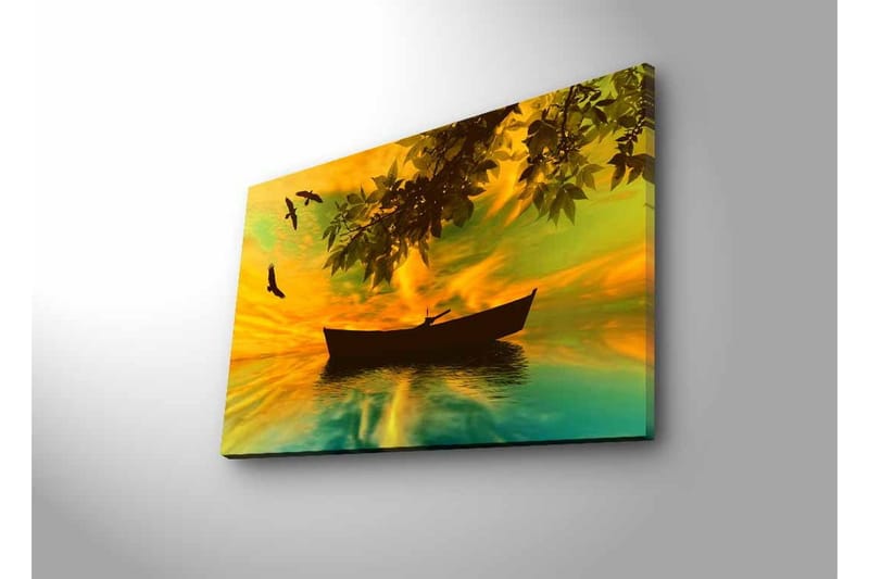 Canvastavla med LED-belysning - Silhuett av en båt på spegelblanka vatten med en färgsprakande solnedgång - Gult / Grönt / Svart - Inredning - Tavlor & konst - Canvastavlor