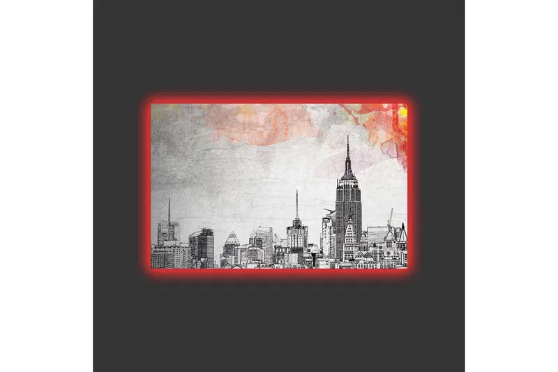 Canvastavla med LED-belysning - Silhuett av en stad med ikoniska byggnader i svartvitt - Svart / Grå / Ljusrosa - Inredning - Tavlor & konst - Canvastavlor