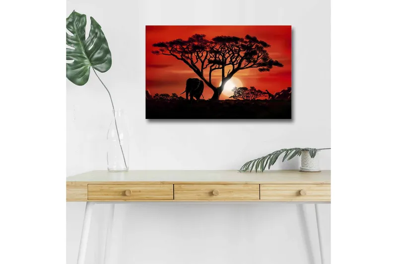 Canvastavla med LED-belysning - Silhuett av ett träd med en elefant i solnedgångens ljus - Röd / Svart / Orange - Inredning - Tavlor & konst - Canvastavlor