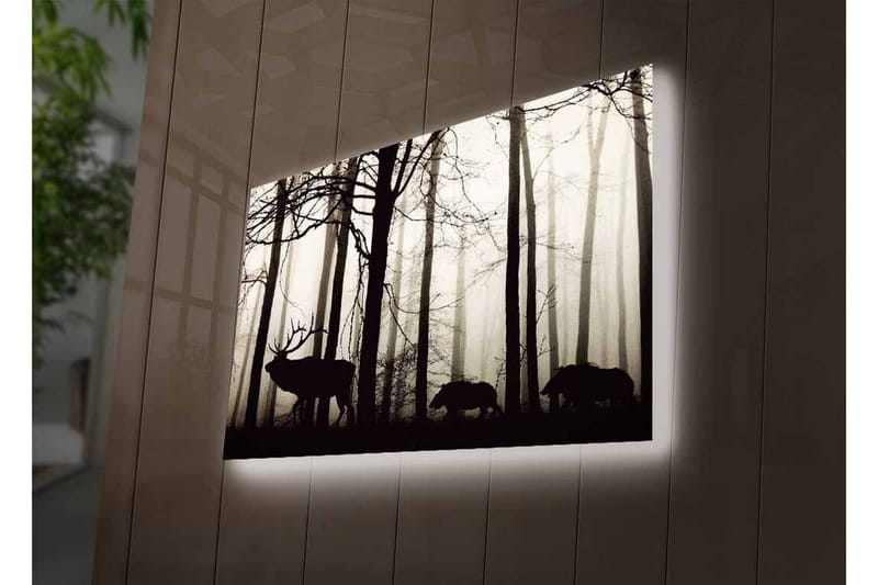 Canvastavla med LED-belysning - Silhuetter av hjort och vildsvin i en dimmig skogsmiljö - Svart / Grå / Vit - Inredning - Tavlor & konst - Canvastavlor