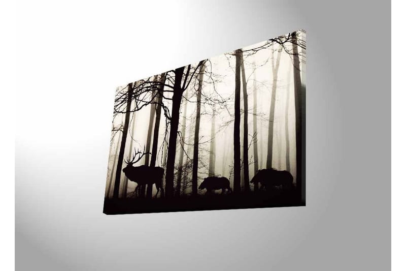 Canvastavla med LED-belysning - Silhuetter av hjort och vildsvin i en dimmig skogsmiljö - Svart / Grå / Vit - Inredning - Tavlor & konst - Canvastavlor
