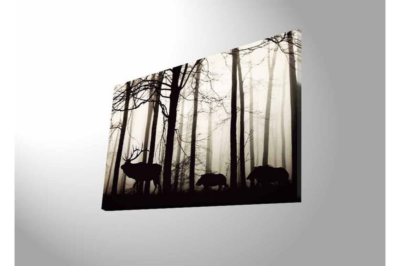 Canvastavla med LED-belysning - Silhuetter av hjort och vildsvin i en dimmig skogsmiljö - Svart / Grå / Vit - Inredning - Tavlor & konst - Canvastavlor