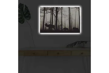 Canvastavla med LED-belysning - Silhuetter av hjort och vildsvin i en dimmig skogsmiljö - Svart / Grå / Vit - Inredning - Tavlor & konst - Canvastavlor