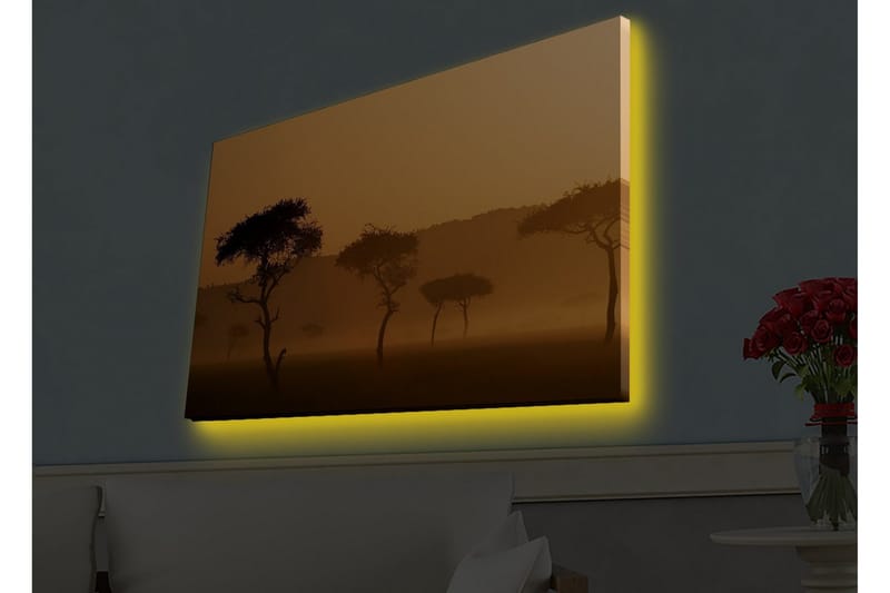 Canvastavla med LED-belysning - Silhuetter av träd i en dimmig, gyllene landskapsscen - Guld / Svart - Inredning - Tavlor & konst - Canvastavlor