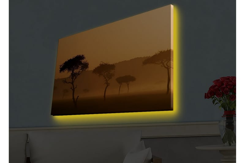 Canvastavla med LED-belysning - Silhuetter av träd i en dimmig, gyllene landskapsscen - Guld / Svart - Inredning - Tavlor & konst - Canvastavlor