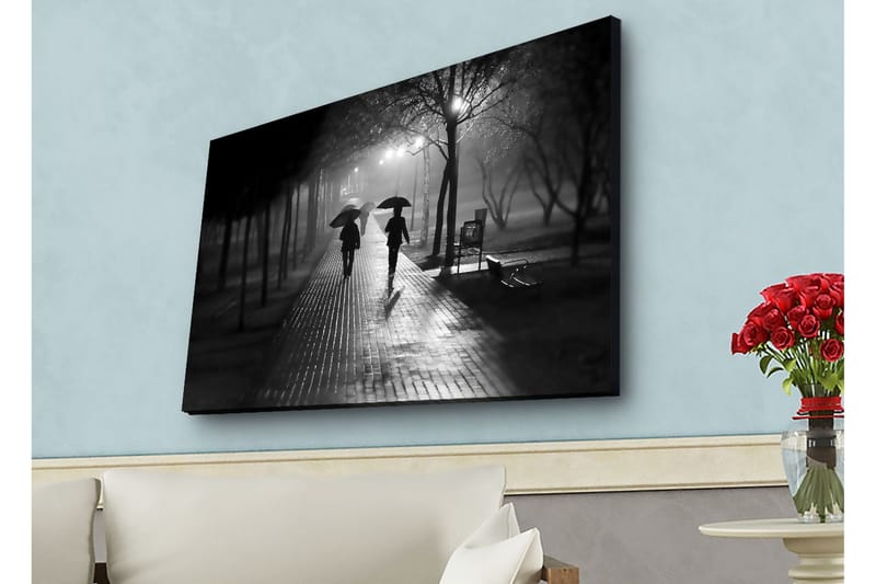 Canvastavla med LED-belysning - Silhuetter av två personer med paraplyer på en regnig gata - Svart / Grå - Inredning - Tavlor & konst - Canvastavlor