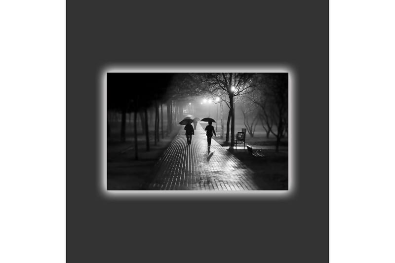Canvastavla med LED-belysning - Silhuetter av två personer med paraplyer på en regnig gata - Svart / Grå - Inredning - Tavlor & konst - Canvastavlor